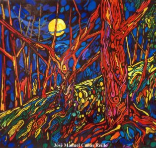 La maraña de los recuerdos (Vista parcial de "Susurros del bosque"): Técnica mixta por José Manuel Cañas Reíllo (1996)